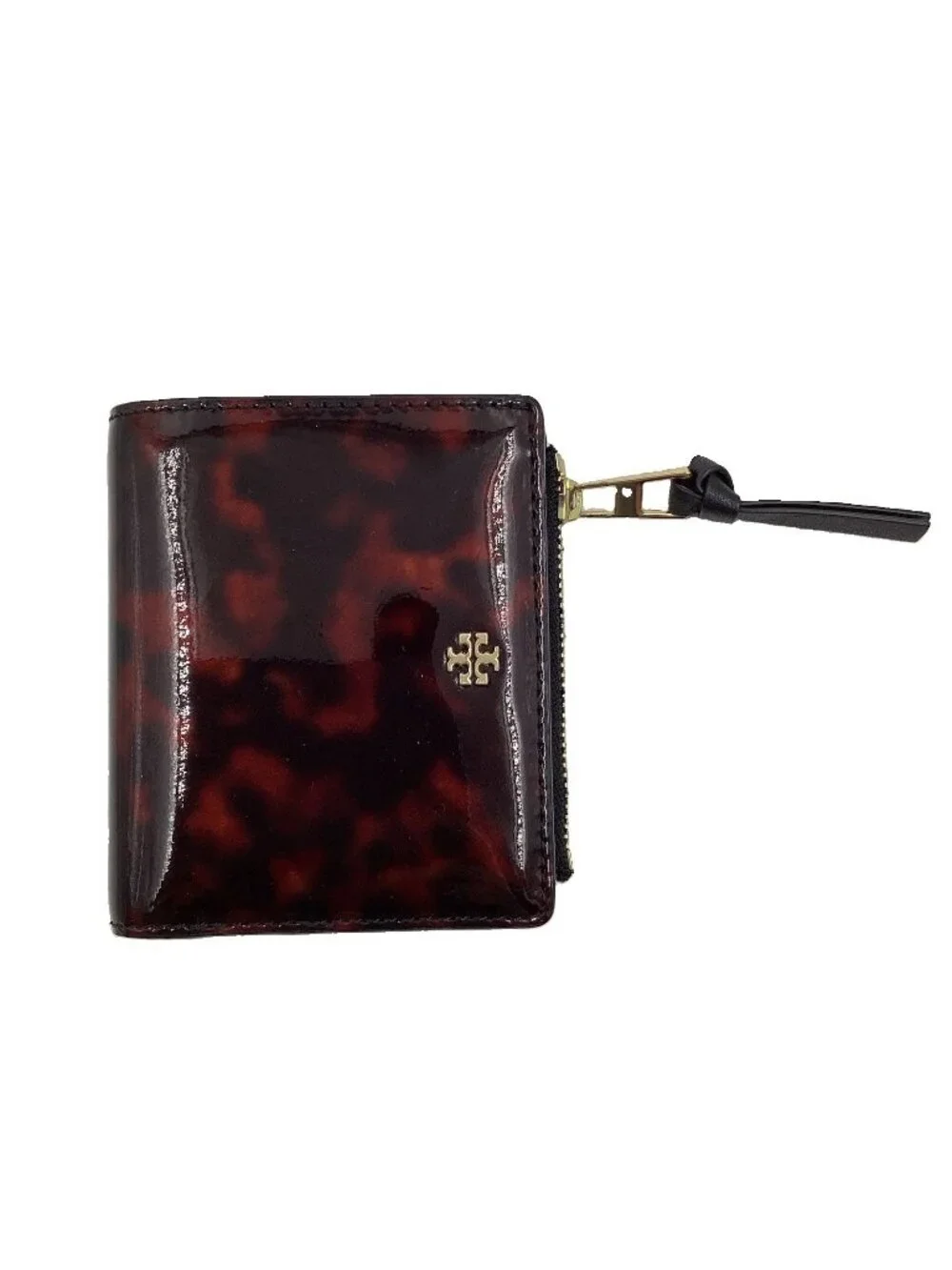 Tory Burch Robinson Mini Wallet Tortoise Patent Leather Bi-Fold Zip Pocket